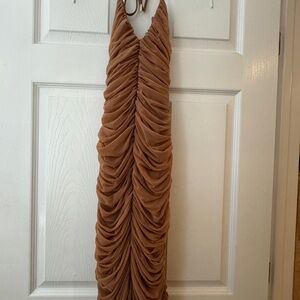 House of CB Ruched Tan Halter Dress